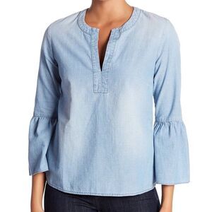 J. Crew Top Chambray Split Neck Long Bell Sleeve Blouse Size XS